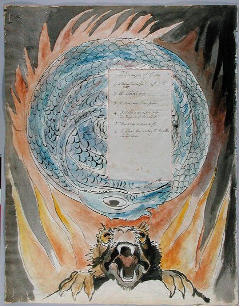 The Triumphs of Owen, design 86 fra The Poems of Thomas Gray, 1797-1798 (wc med pen og blæk på papir) af William Blake