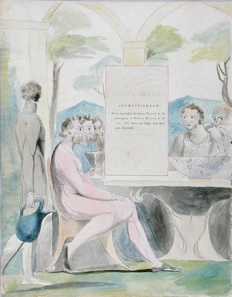 The Triumphs of Owen, design 88 fra The Poems of Thomas Gray, 1797-98 (wc med pen og blæk på papir) af William Blake