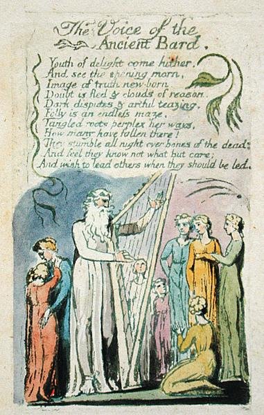 The Voice of the Ancient Bard, fra Songs of Innocence, 1789 (håndfarvet reliefradering med wc på papir) af William Blake