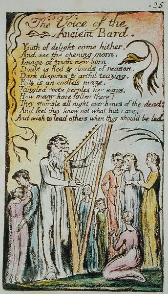 The Voice of the Ancient Bard, illustration fra Songs of Innocence and of Experience, (Bentley Copy L) pl.25 (Bentley 54) 1789-94 (reliefradering med pen & wc på papir) af William Blake