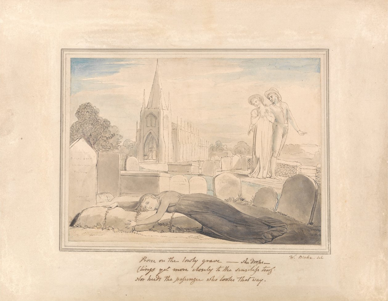 Enken omfavner hendes ægtemænds grav af William Blake