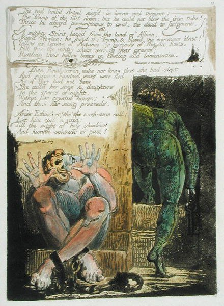 Den røde engel..., plade 15 fra Europa. A Prophecy, 1794 (reliefætsning trykt i mørkebrun med wc og olie på papir) af William Blake