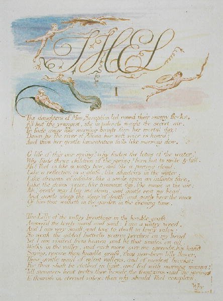 ThelIThe Daughters of Mne Seraphim..., plade 3 fra The Book of Thel, 1789 (håndkoloreret relief ætsning med pen & wc på papir) af William Blake