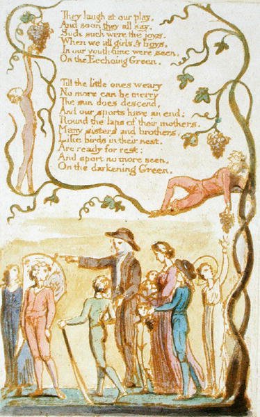 They Laugh at our Play..., plade 11 fra Songs of Innocence, 1789 (reliefradering med wc på papir) af William Blake
