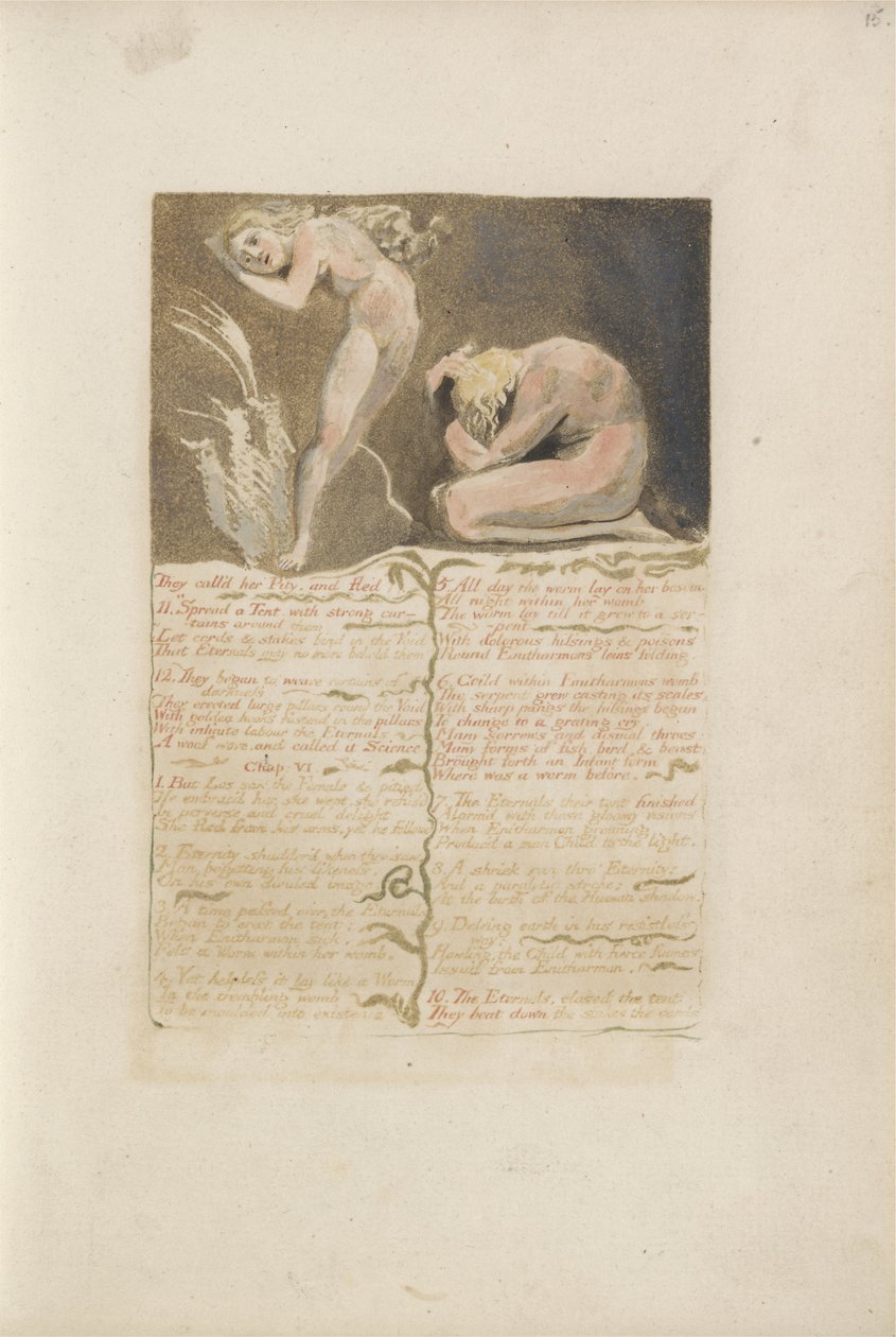 De kaldte hende medlidenhed og flygtede..., plade 19 fra The First Book of Urizen, 1794 (farvetrykt relief ætsning med blæk og wc på papir) af William Blake