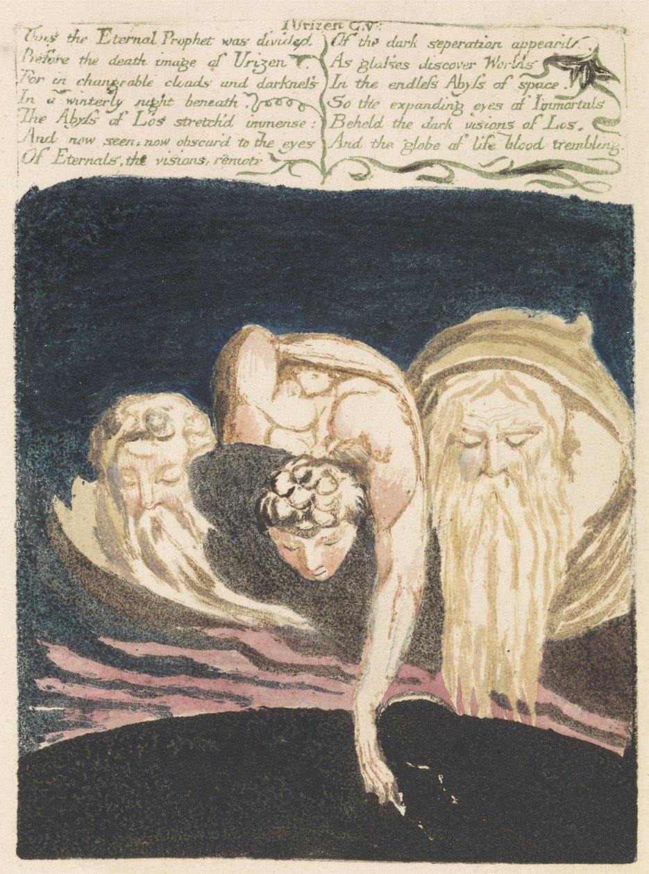 Således blev den evige profet delt..., plade 13 fra Urizens første bog, 1794 (farvetrykt relief ætsning med akvarel) af William Blake