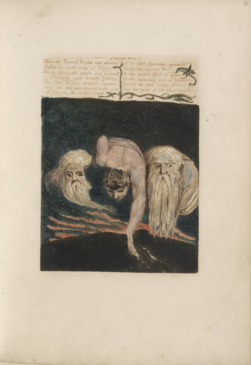 Således blev den Evige Profet delt..., plade 20 fra The First Book of Urizen, 1794 (farvetrykt relief ætsning med blæk og wc på papir) af William Blake