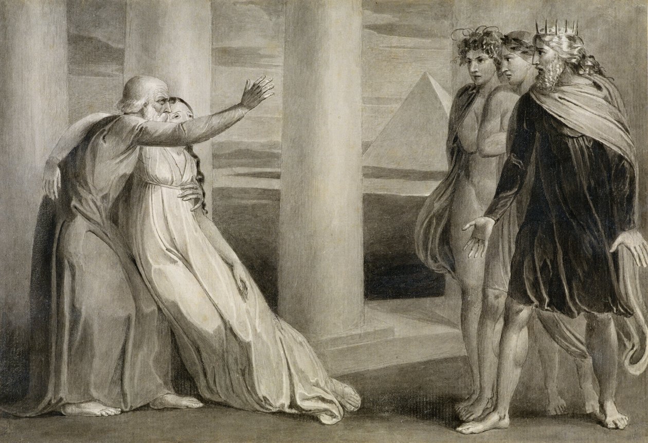 Tiriel støtter den døende Myratana og forbander hans sønner, 1786-89 (pen, blæk og pensel på papir) af William Blake
