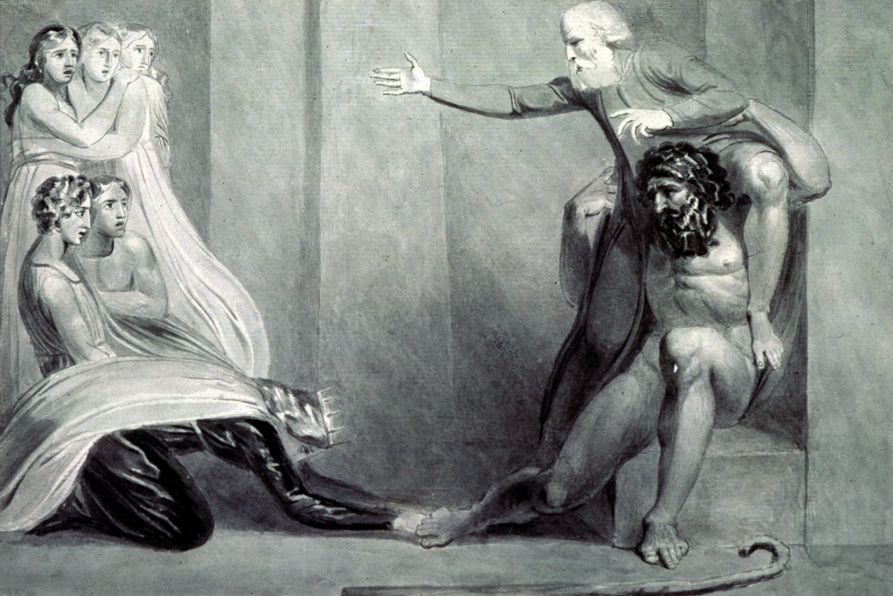 Tiriel, båret tilbage til paladset på sin bror Ijims skuldre, taler til sine fem døtre af William Blake