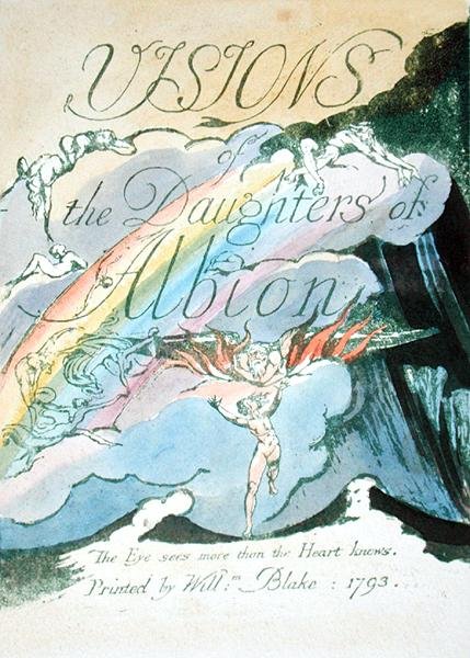 Titelblad, recto, plade 2 fra Visions of the Daughters of Albion, 1793 (reliefætsning trykt i grønt med wc på papir) af William Blake