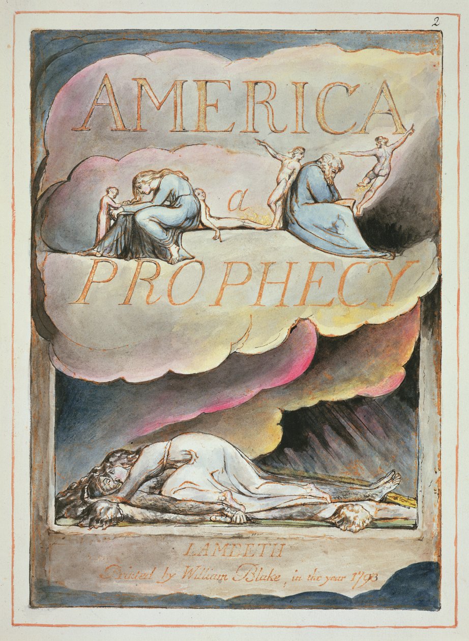 Titelblad til America, a Prophecy, 1793 (reliefætsning & wc på papir) af William Blake