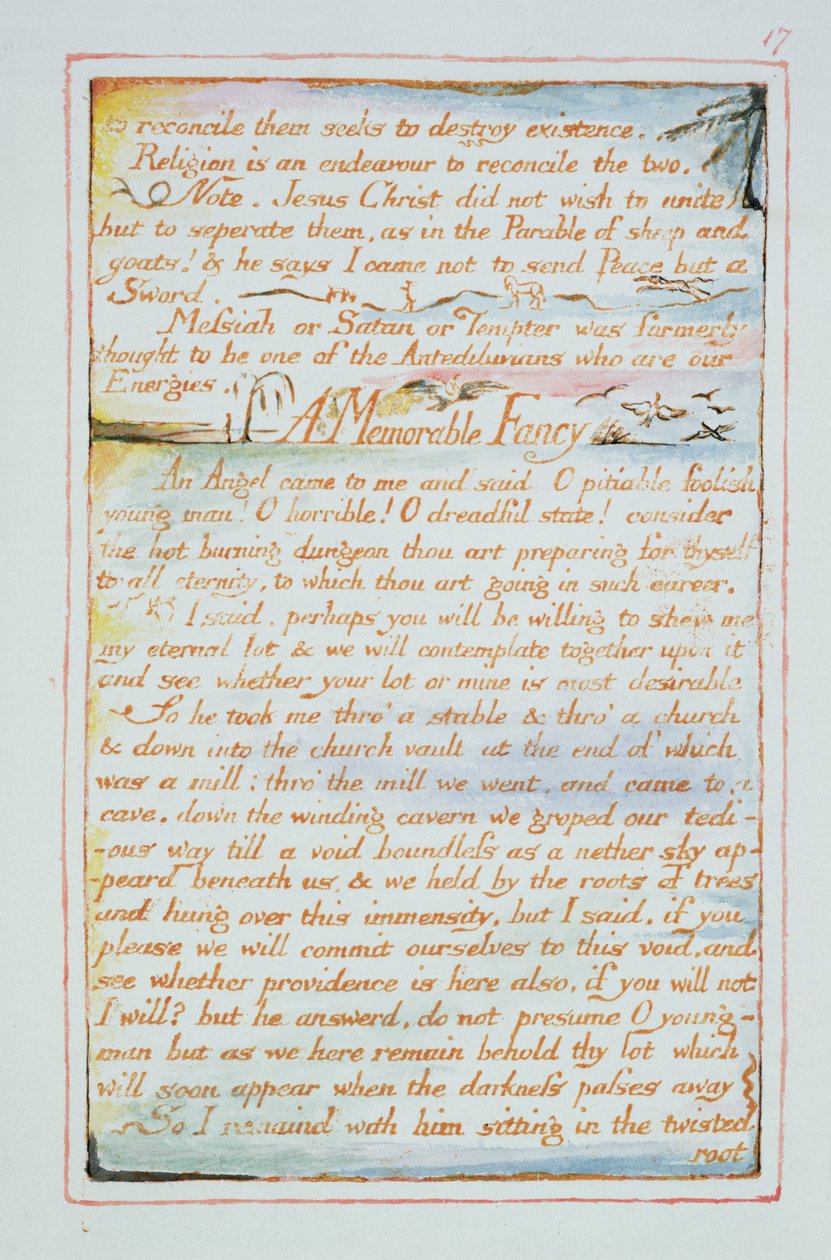 At forsone dem søger at ødelægge tilværelsen..., tekst fra The Marriage of Heaven and Hell, ca. 1790-3 (reliefætsning færdig med pen og wc) af William Blake