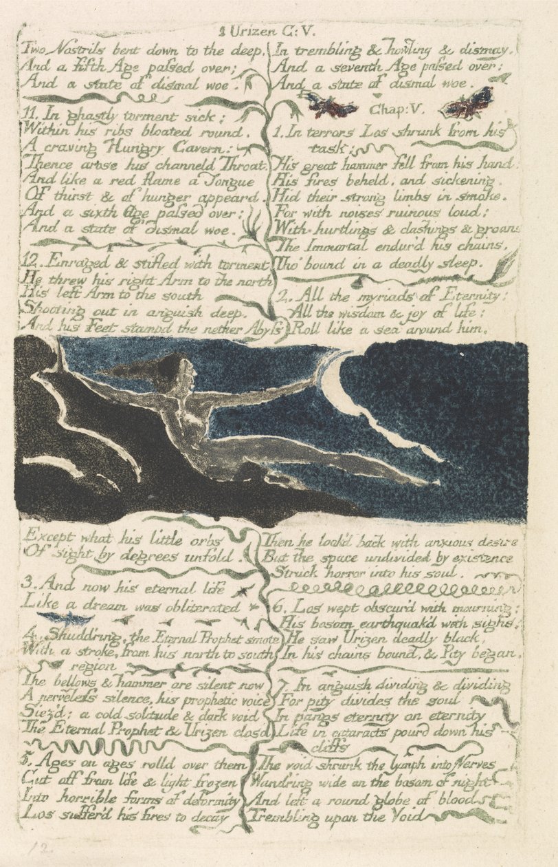 To næsebor bøjet ned til dybet..., plade 11 fra The First Book of Urizen, 1794 (farvetrykt relief ætsning med akvarel) af William Blake