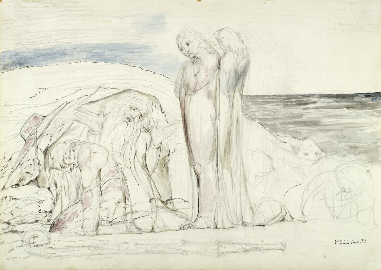 Ugolinos-fortælling, illustration til den guddommelige komedie af Dante Alighieri, 1824-27 (pen & blæk med wc over blyant og kridt på papir) af William Blake