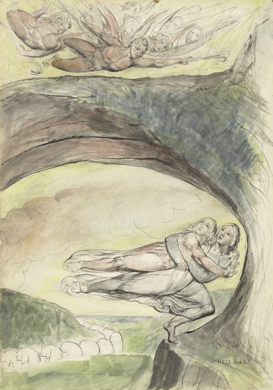 Virgil redder Dante fra de onde dæmoner, illustration til den guddommelige komedie af Dante Alighieri, 1824-27 (pen & blæk med wc over blyant og kridt på papir) af William Blake