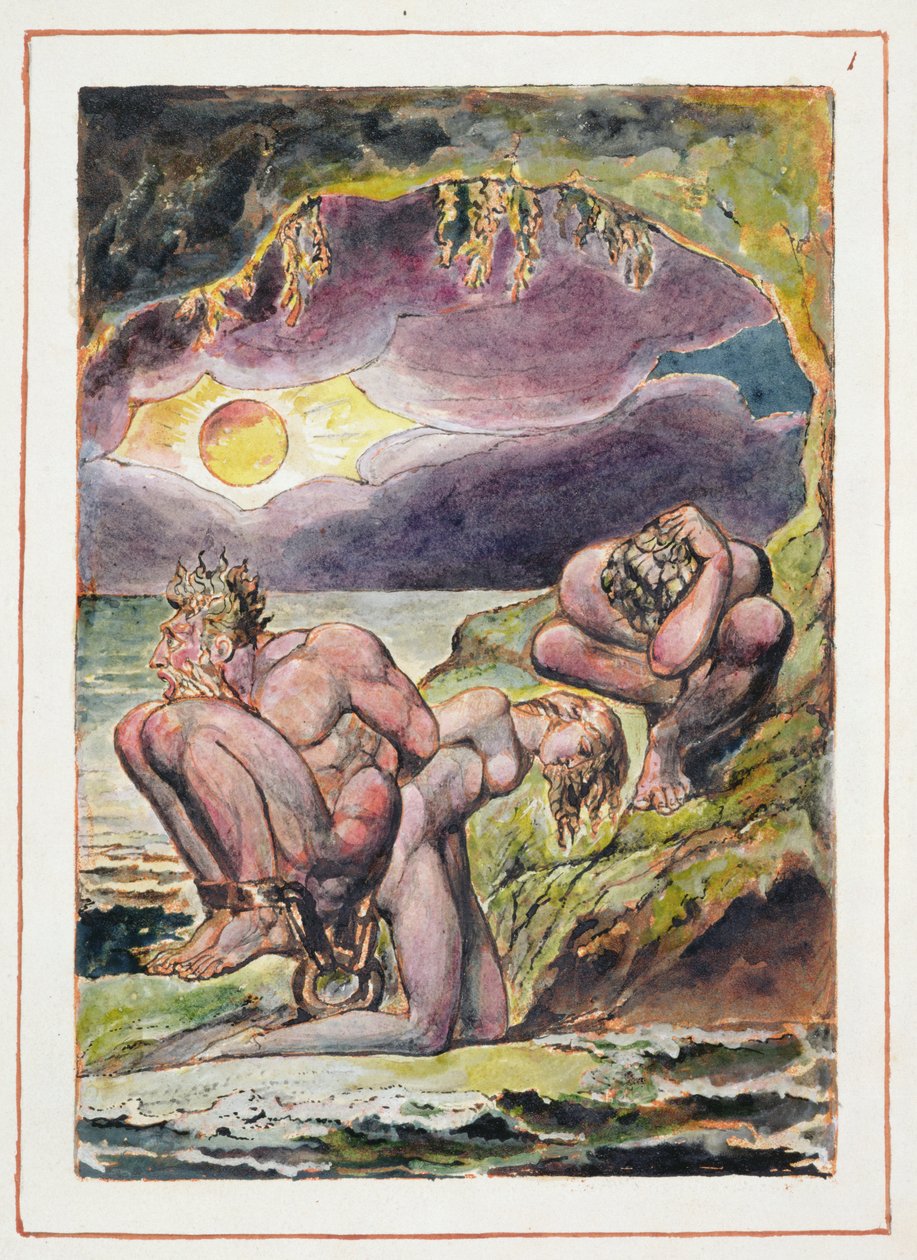 Visions of the Daughters of Albion: Frontispice, designet i 1793, afsluttet ca. 1815 (reliefætsning med pen og wc på papir) af William Blake