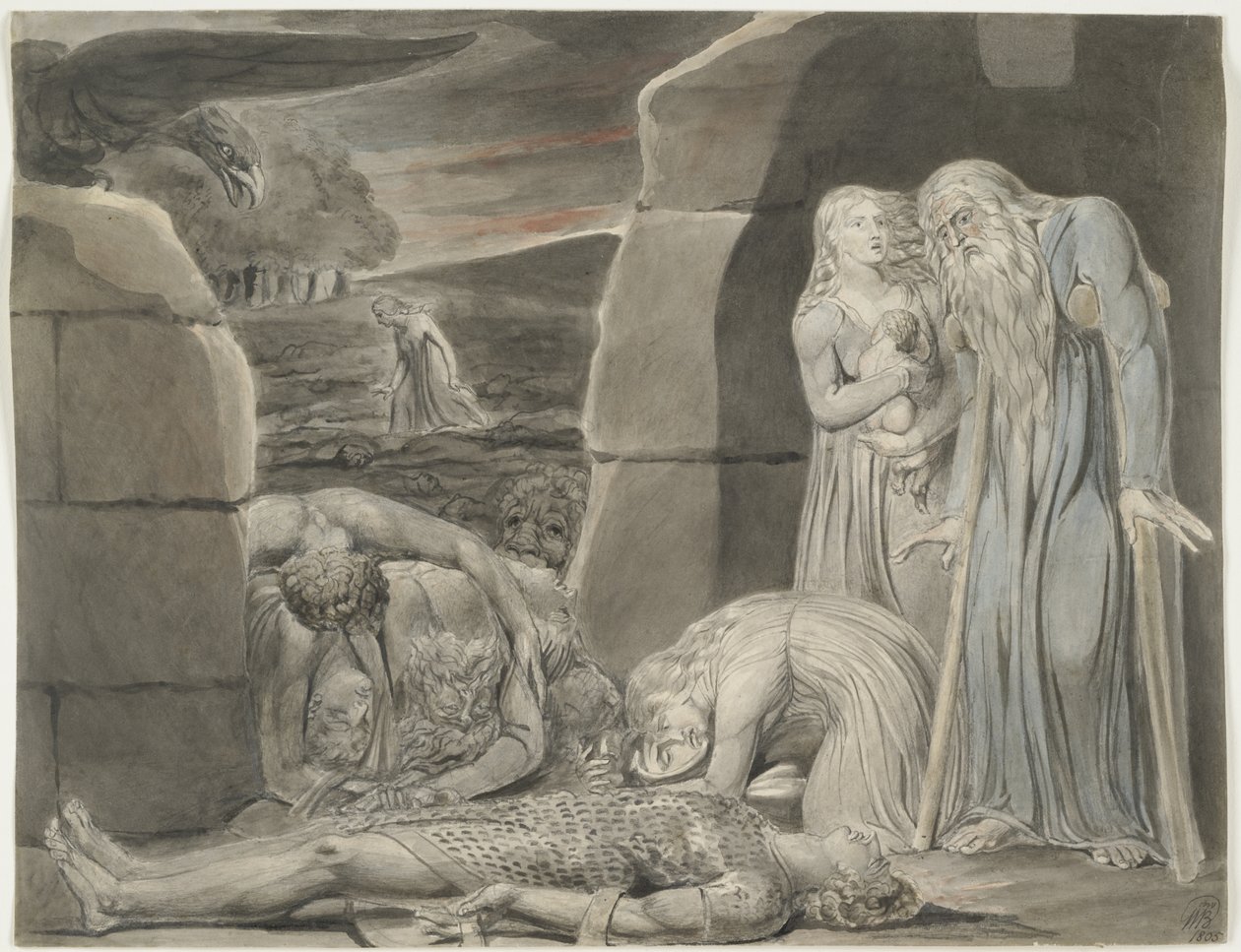 Krig, 1805 (wc, sort & grå blæk og grafit på råhvidt vævet papir) af William Blake