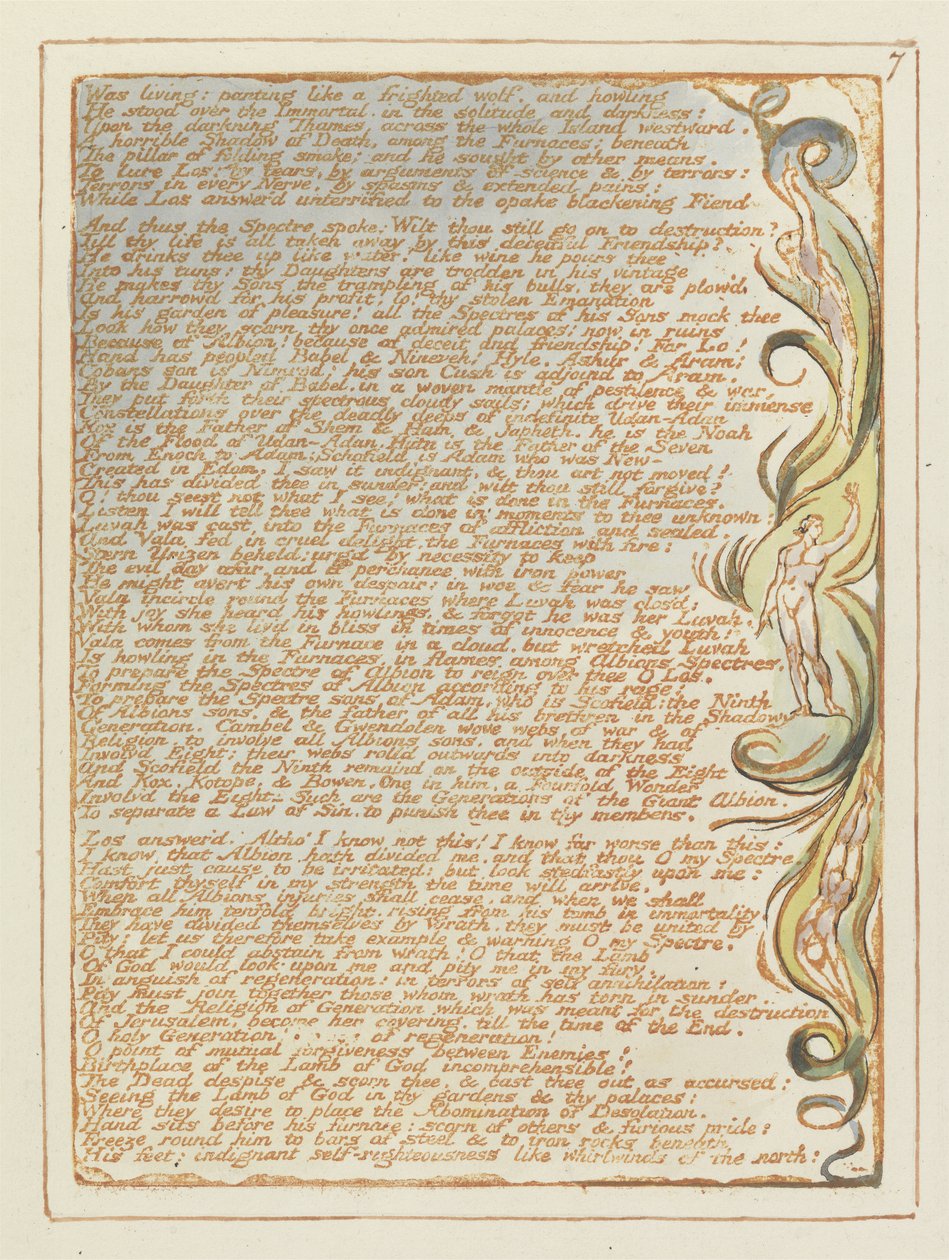 Boede: pesende..., plade 7 fra Jerusalem, 1804-20 (reliefætsning trykt i orange med pen & wc) af William Blake