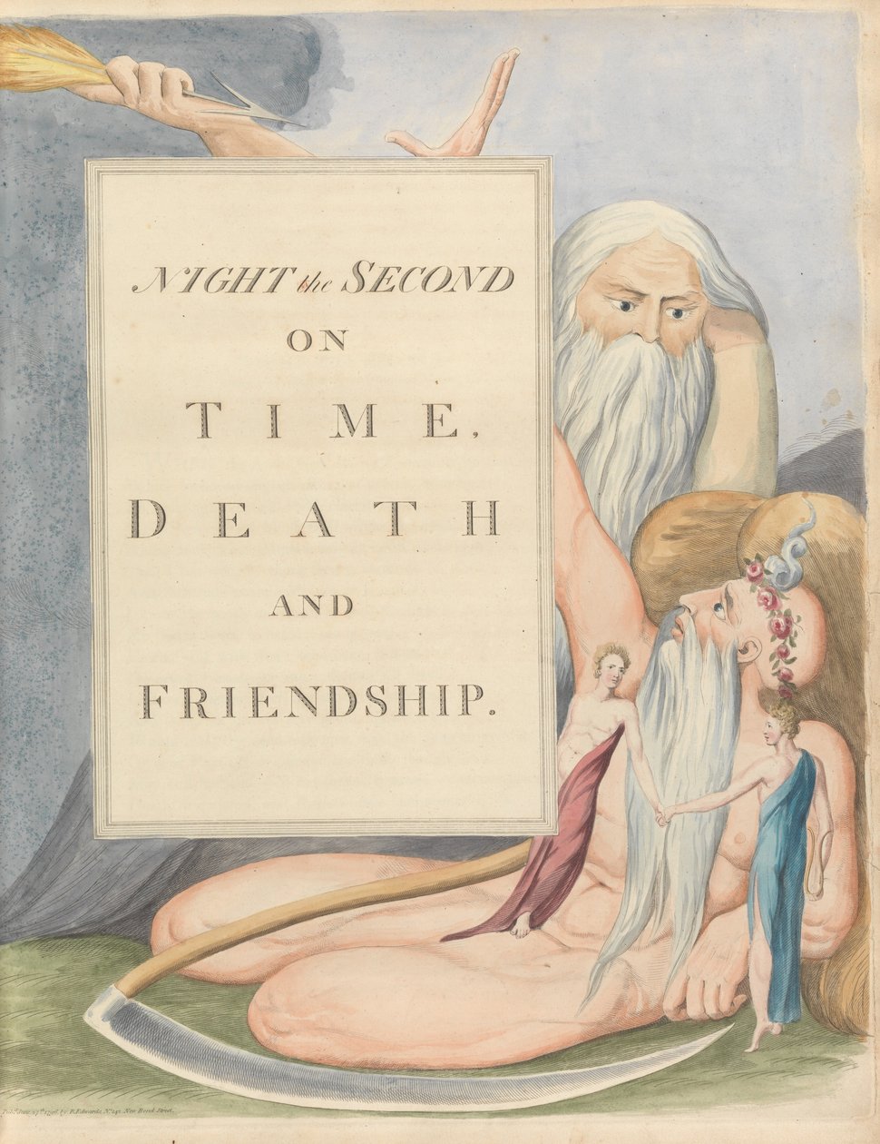 Youngs Night Thoughts, side 17, Night the Second, Om tid, død og venskab. af William Blake