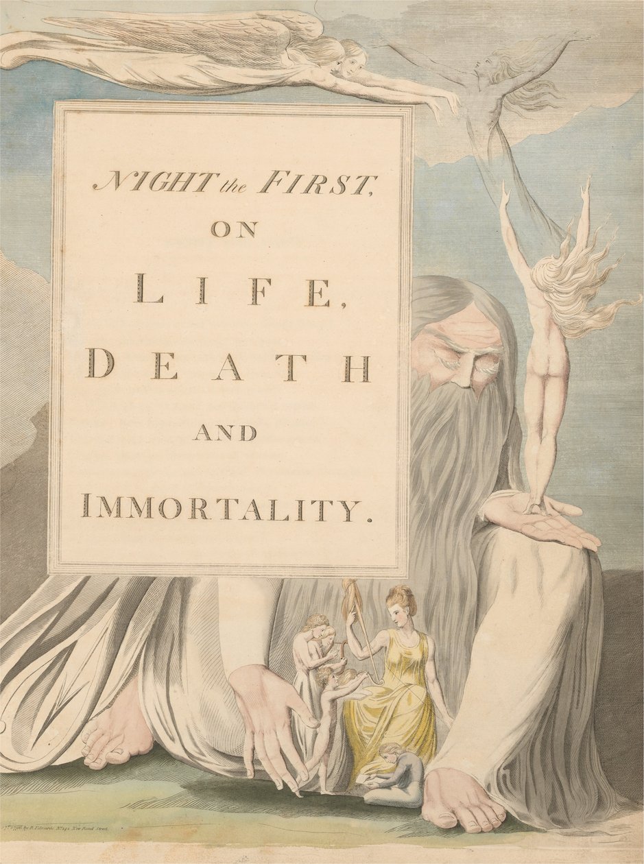 Youngs Night Thoughts, titelblad, Night the First, om liv, død og udødelighed. af William Blake