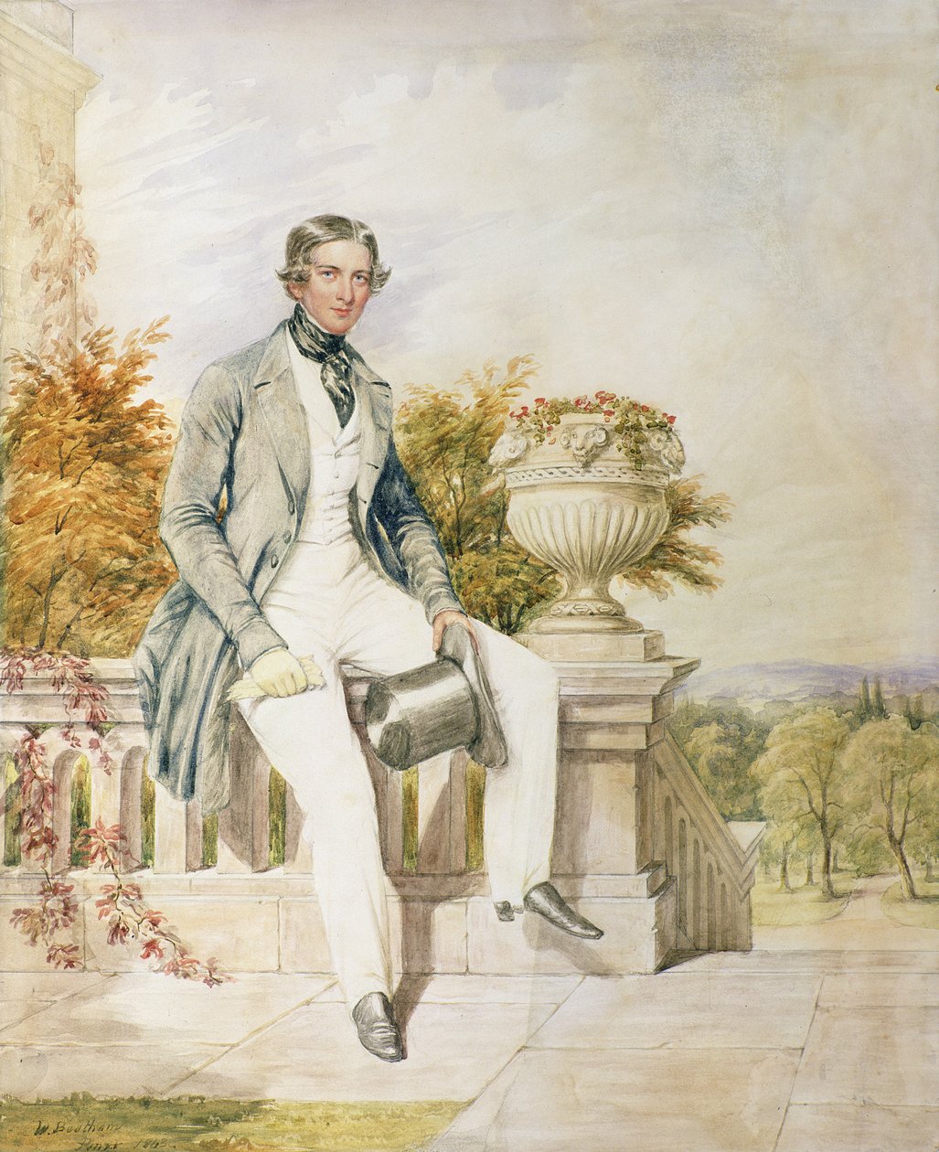 Portræt af en siddende herre på en terrasse, 1843 af William Bootham