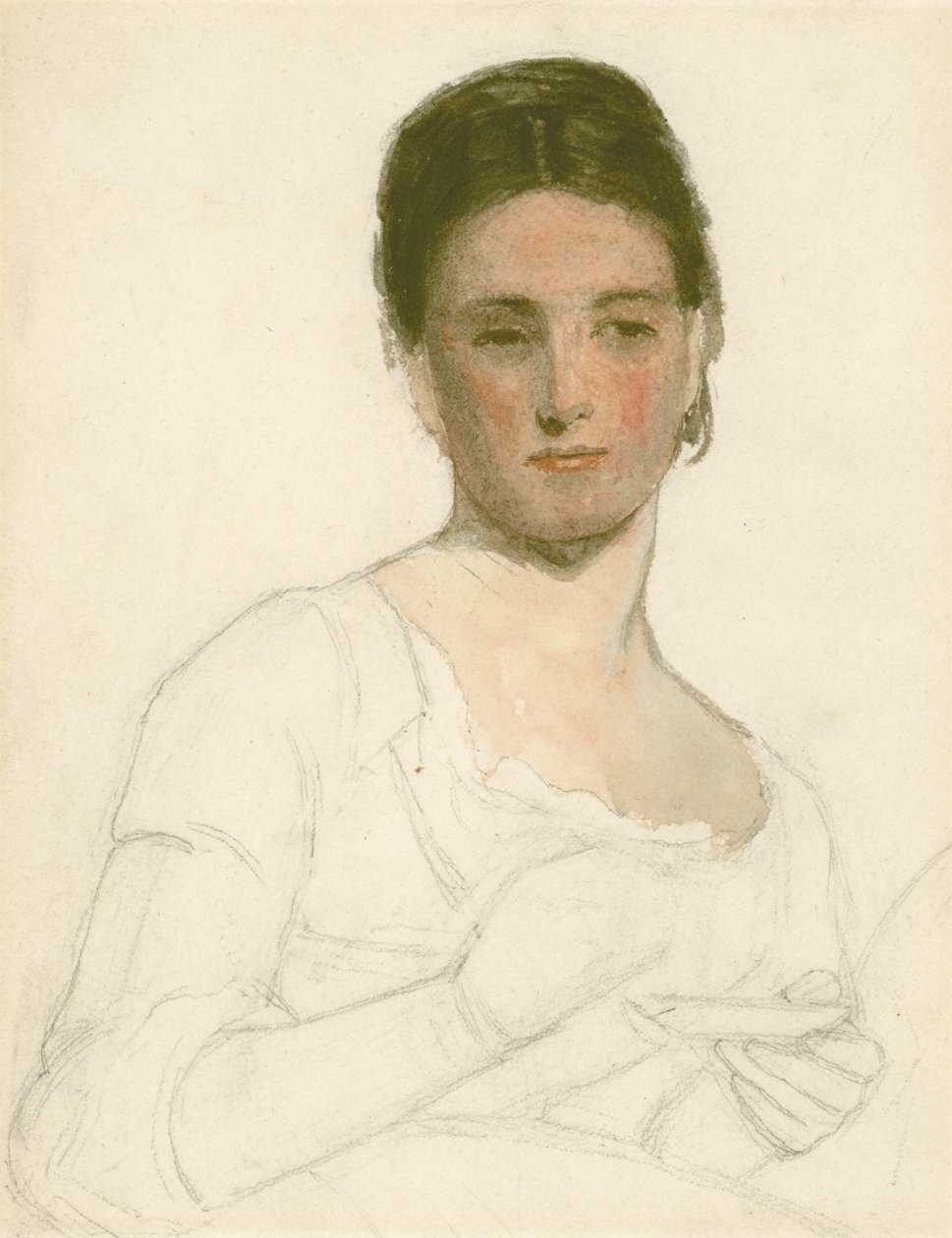 Skitse af en ung kvinde med en kop og en underkop, ca. 1875 (blyant og wc på papir) af William Morris