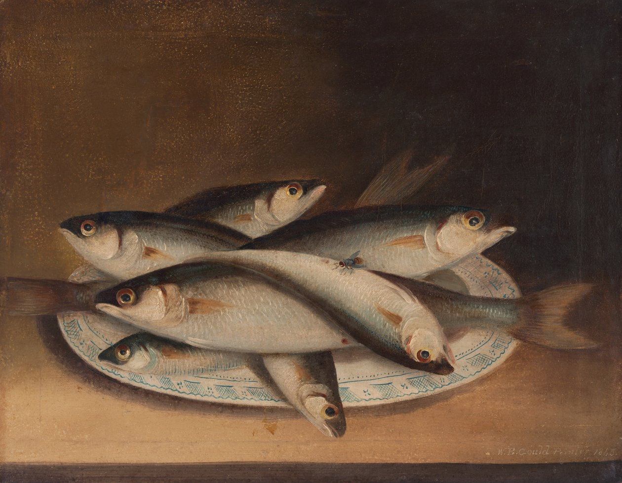 Fisk på en blå og hvid tallerken af William Buelow Gould