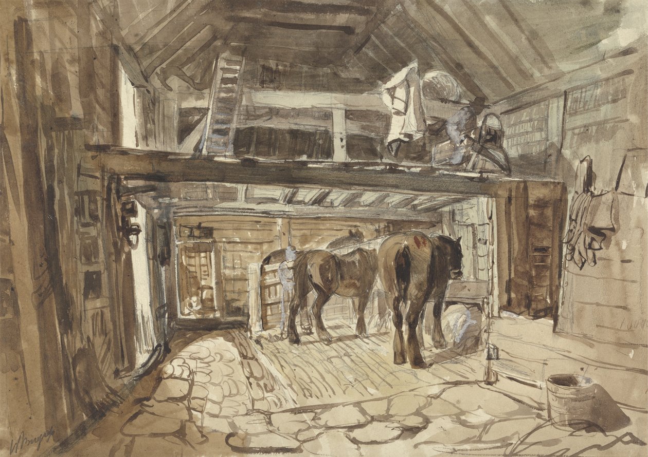Interiør af en stald, med fodring af to heste (grafit, pen og blæk med vask på papir) af Henry William Burgess