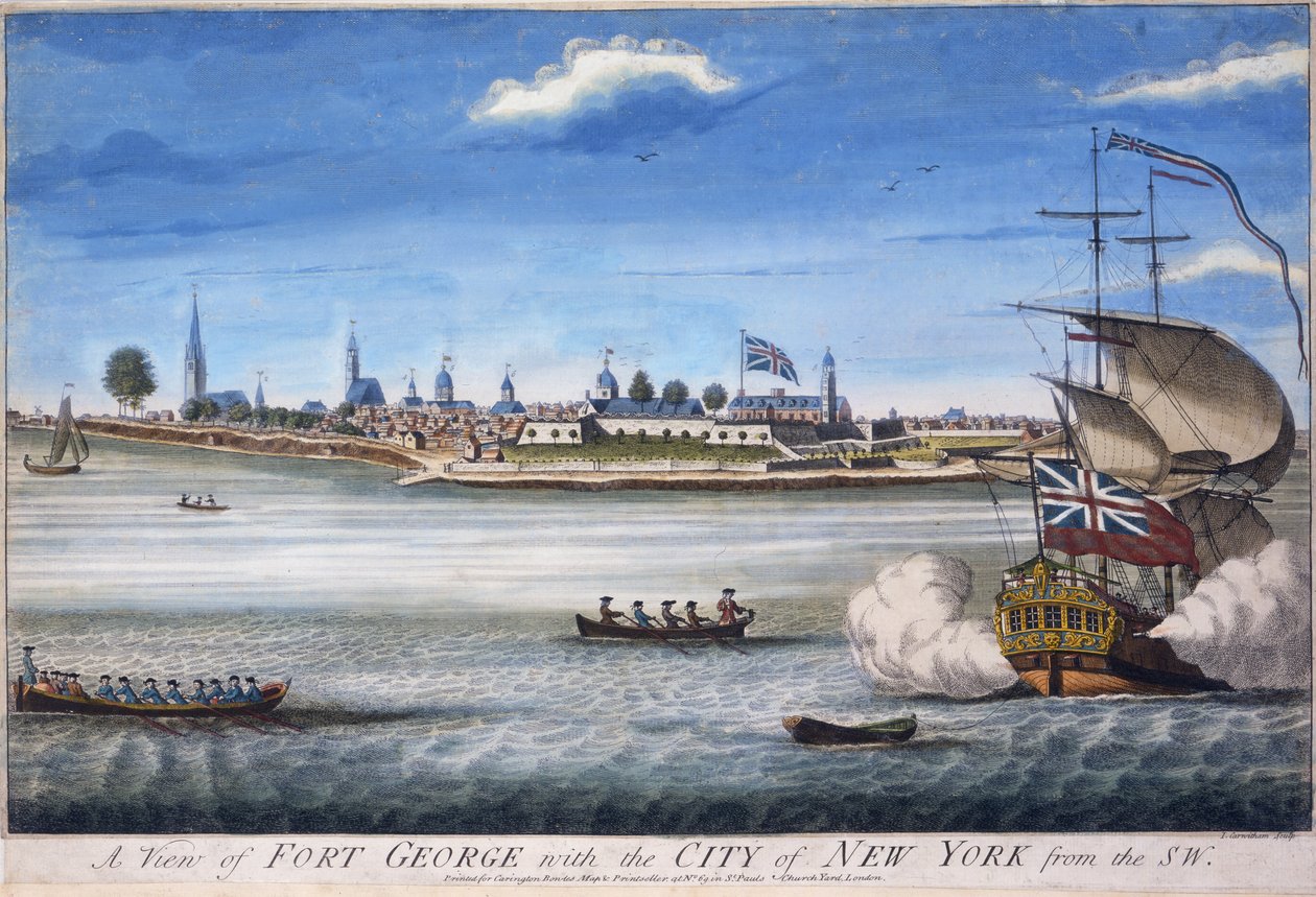 En udsigt over Fort George med New York by fra sydvest, graveret af John Carwitham, ca. 1764 håndkoloreret stik af William Burgis