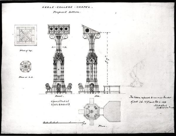 Design for a Lectern, Keble College Chapel, Oxford, 1875-76 (sort blæk, blyant og akvarel) af William Butterfield