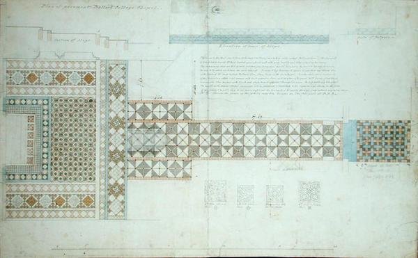 Design for a Pavement, Balliol College Chapel, Oxford, 1854-57 (sort blæk, blyant og wc på papir) af William Butterfield