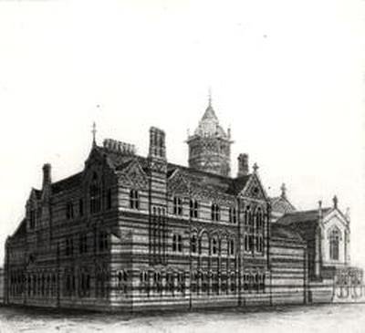 New Schools, Rugby - Udsigt fra det nordvestlige, 1867-84 (akvarel og blyant på papir) af William Butterfield