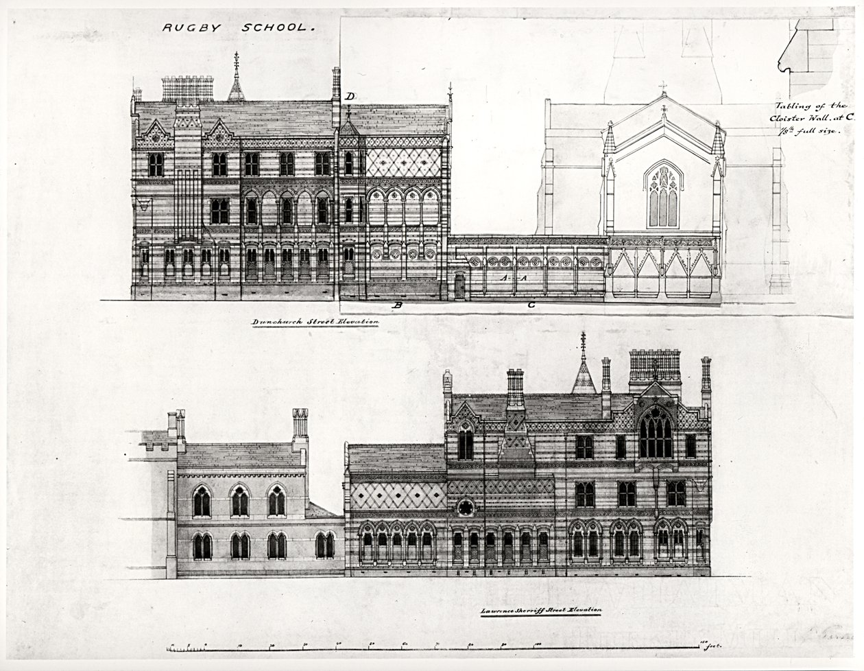 West and North Elevations, New School, Rugby School, 1867 (sort blæk, blyant og wc) af William Butterfield