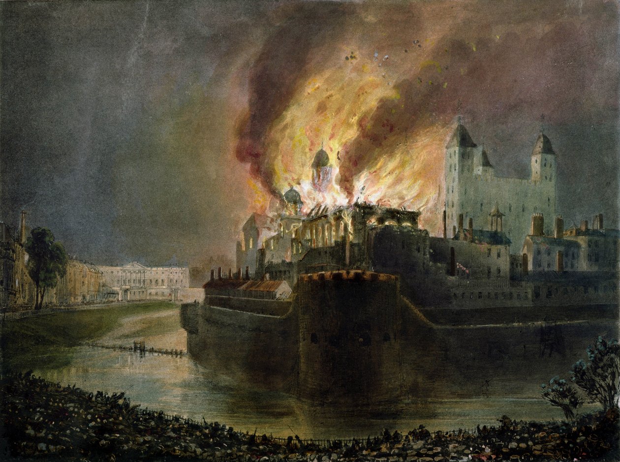 Ødelæggelse af det lille våbenkammer i Tower of London den 30. oktober 1841 (tryk af Ackermann) af William C. Smith