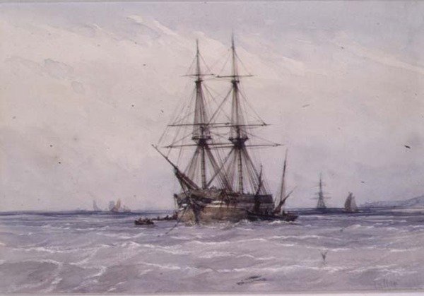 Briggen for anker og bådene ved siden af af William Callow