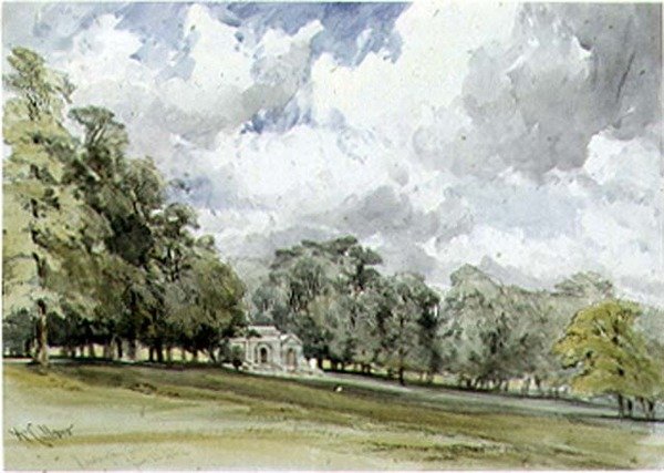 Udsigt i Kensington Gardens med Temple Cottage af William Callow