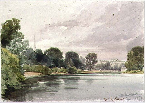 Den vestlige ende af Serpentine, Kensington Gardens, 1877 af William Callow