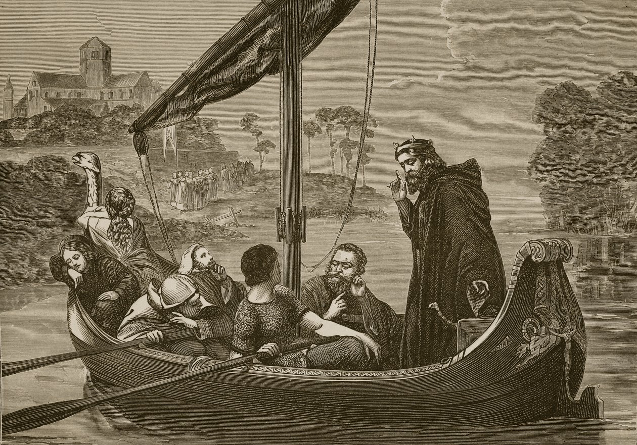 Knud på floden Nene lytter til Ely Minsters kor, indgraveret af F. Wentworth af William Cave Thomas
