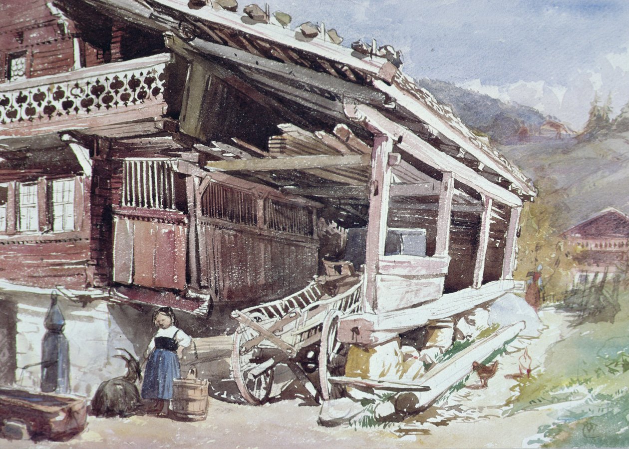 Chalet og gård i Berner Oberland af William Collingwood