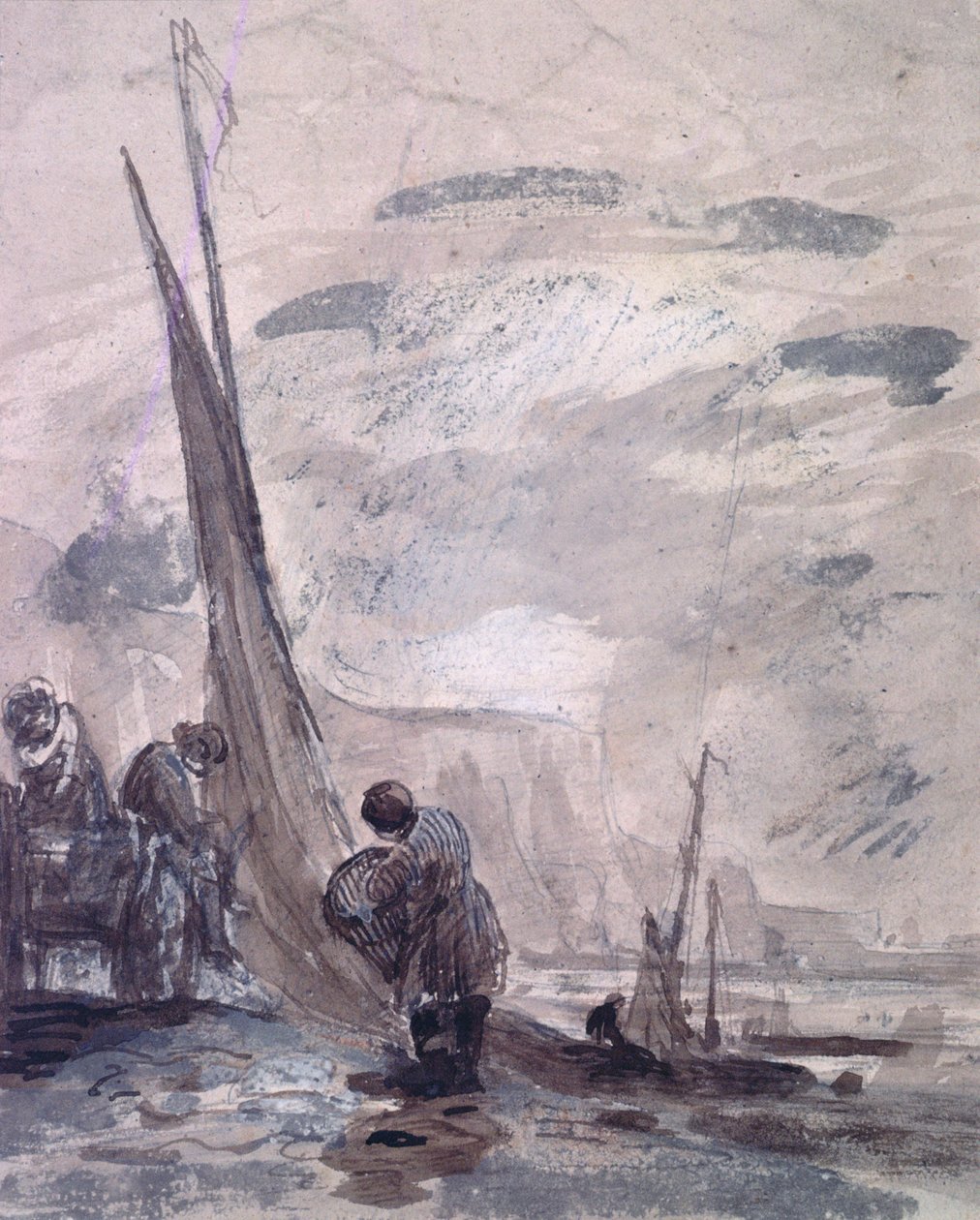 Figurer med vogn og både på kysten, nær klipper, 1800-tallet af William Collins