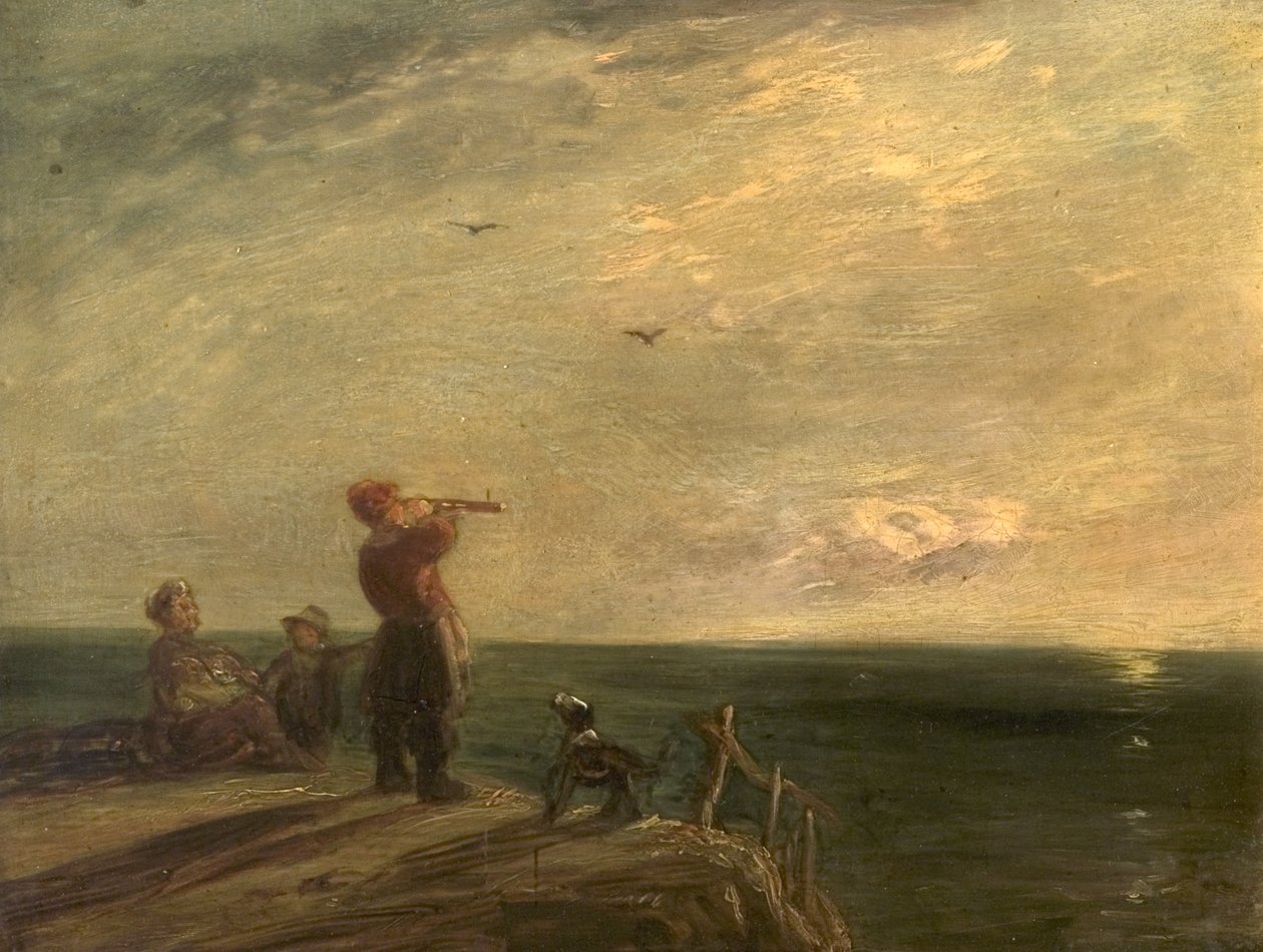 Havlandskab med figurer og hund, solnedgang af William Collins