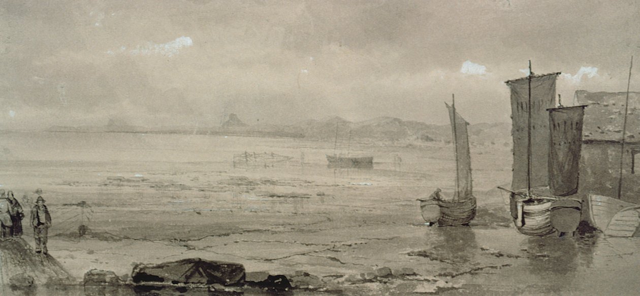 Undersøgelse af kysten: Lavvande, med fiskerbåde og fiskere, 19. århundrede (akvarel) af William Collins