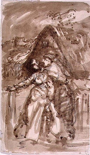 Skitse af en mand, der omfavner en kvinde ved en hytteport af William Collins