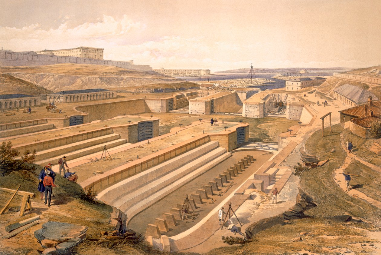 Havnene i Sebastopol, plade fra "The Seat of War in the East", udgivet af Paul und Dominic Colnaghi und Co., 1856 af William Crimea Simpson
