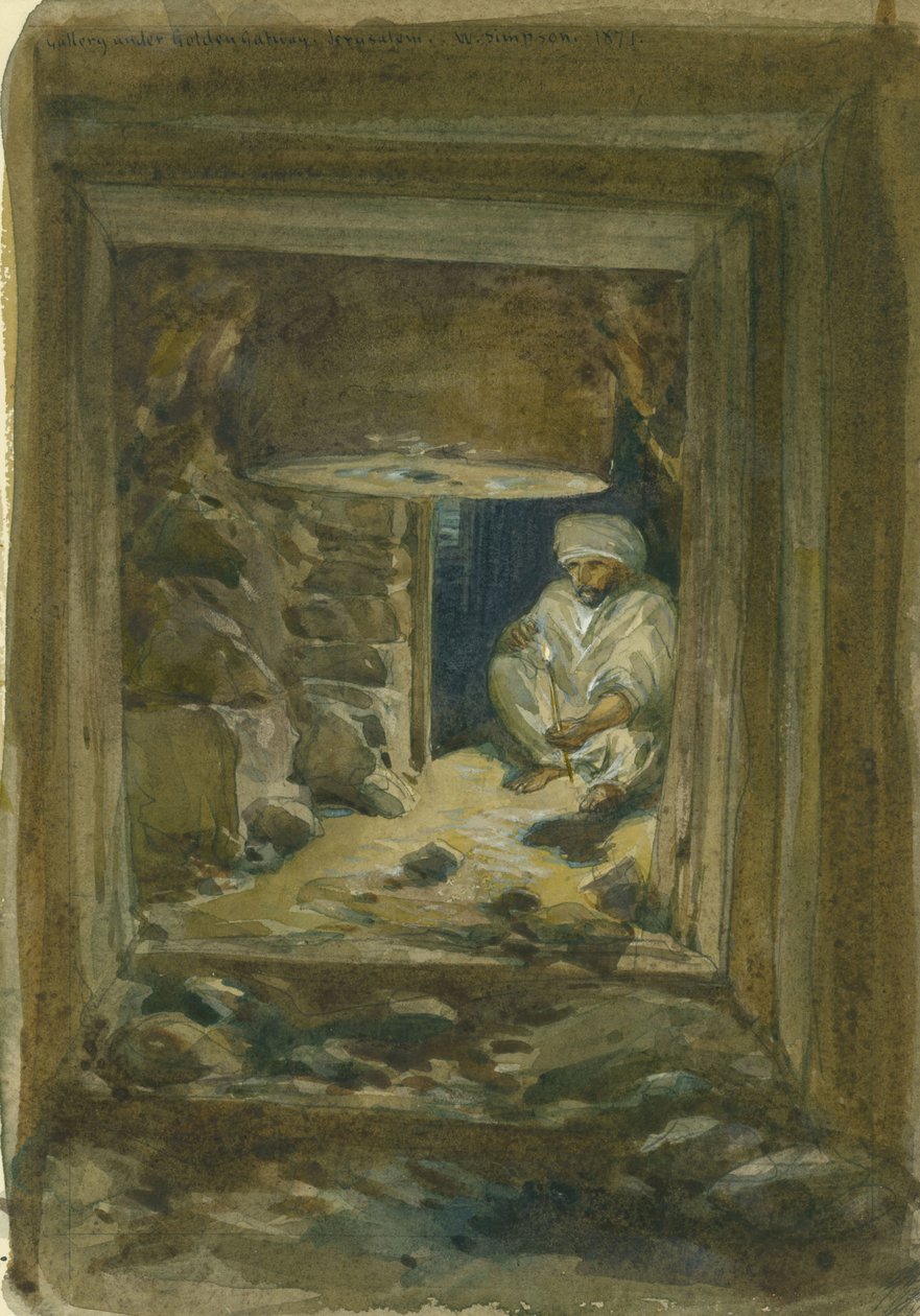 Galleri under Golden Gateway, Jerusalem, 1871 (wc og blyant på papir) af William Crimea Simpson