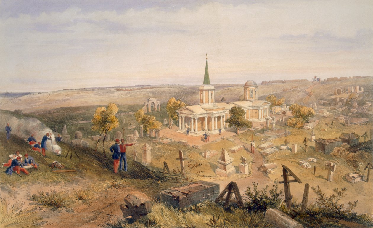 Quarantine Cemetery and Church, plade fra "The Seat of War in the East", udgivet af Paul und Dominic Colnaghi und Co., 1856 af William Crimea Simpson