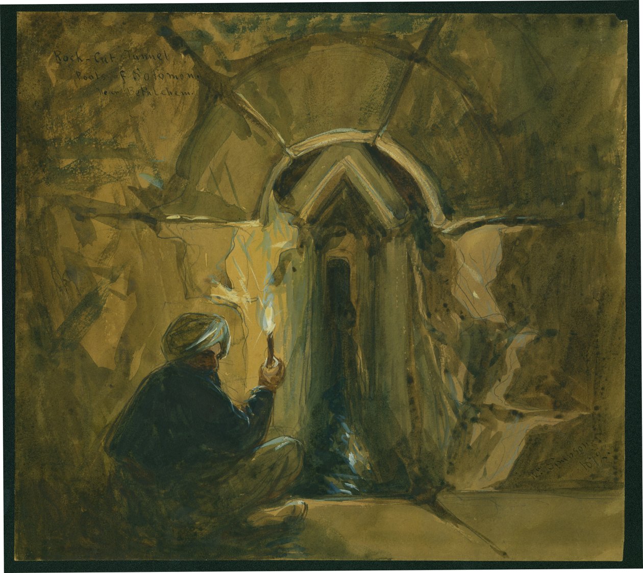 Klippeudskæringstunnel, Salomons damme, nær Betlehem, 1872 (wc og blyant på papir) af William Crimea Simpson