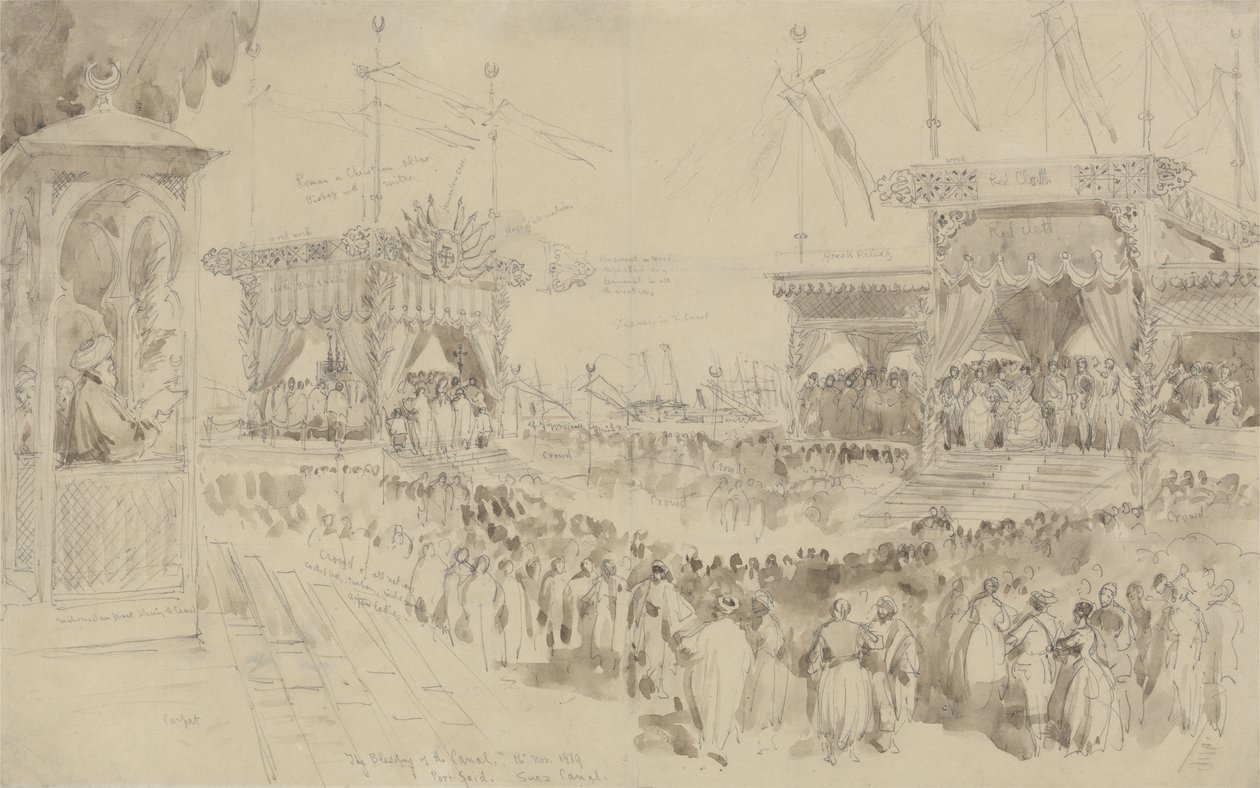 The Blessing of the Suez Canal, 1869 (grafit & brun vask på papir) af William Crimea Simpson