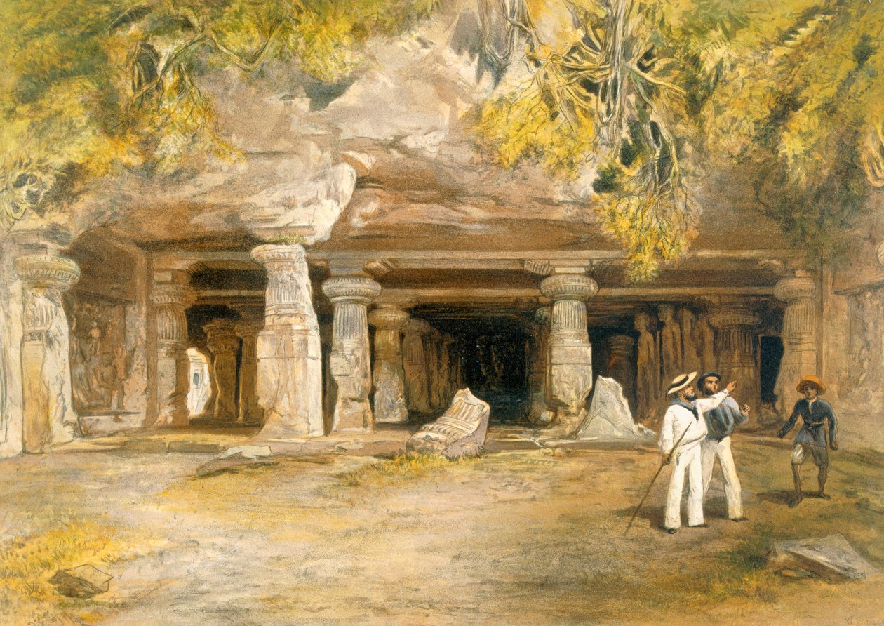 Elephanta-hulen, fra "India Ancient and Modern", 1867 af William Crimea Simpson