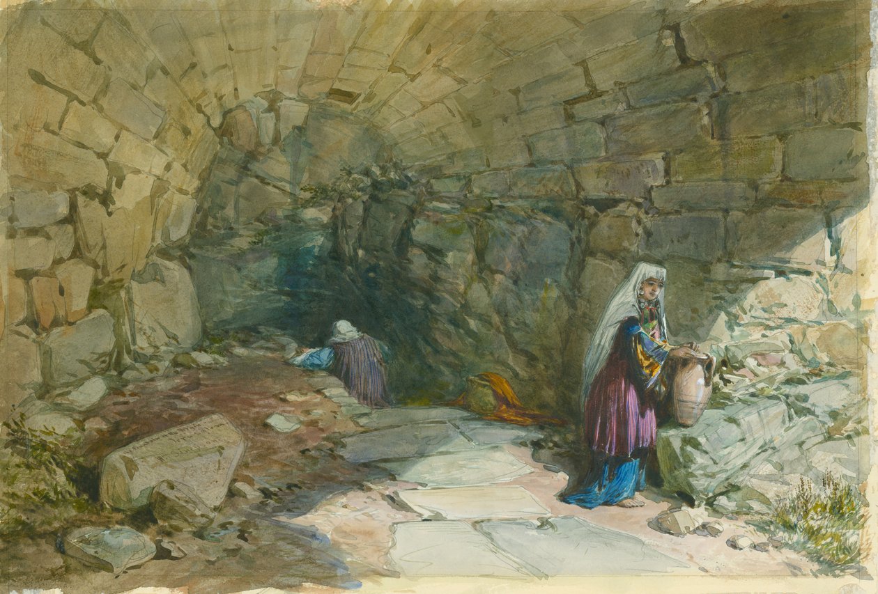 Jomfruens springvand, Jerusalem, 1869 (wc og blyant på papir) af William Crimea Simpson